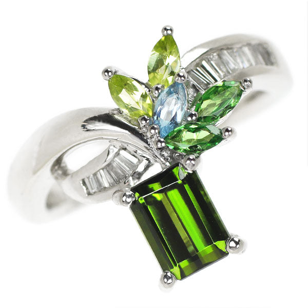 Pt900 Green Tourmaline Color Stone Diamond Ring 1.16ct CS0.41ct D0.18ct 