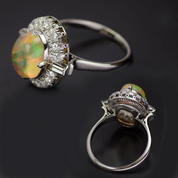 Pt750 Fire Opal Diamond Ring, Vintage Product with Senbon Watermark 