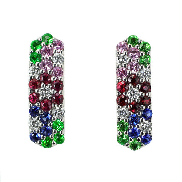 K18WG Ruby Sapphire Garnet Diamond Earrings D0.14ct Pave Flower 