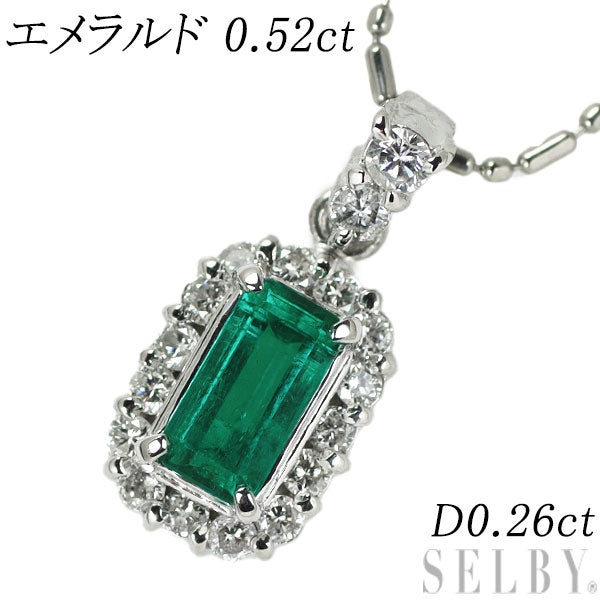 Pt900/ Pt850 Emerald Diamond Pendant Necklace 0.52ct D0.26ct 