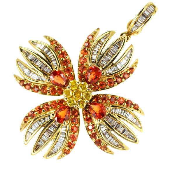 K18YG Orange Sapphire Colorless / Treated Yellow Diamond Pendant Top 1.25ct D0.77ct Flower 