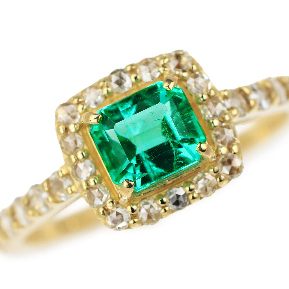 New K18YG Colombian F1 emerald rose cut diamond ring 0.72ct D0.29ct [Escore] 