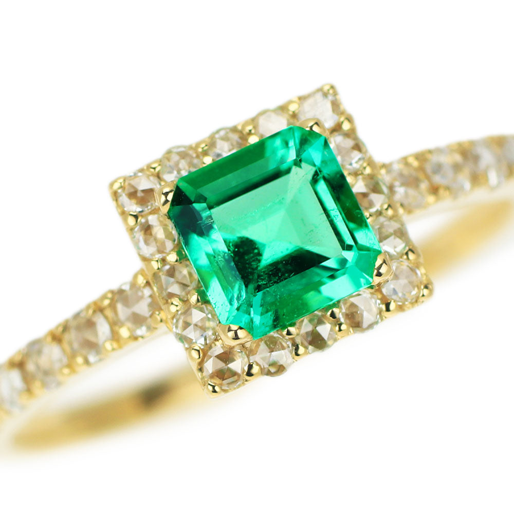 New K18YG Colombian F1 emerald rose cut diamond ring 0.48ct D0.20ct [Escore] 