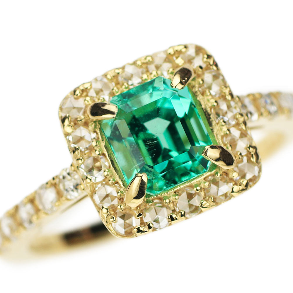 New K18YG Colombian F1 emerald rose cut diamond ring 0.94ct D0.34ct [Escore] 