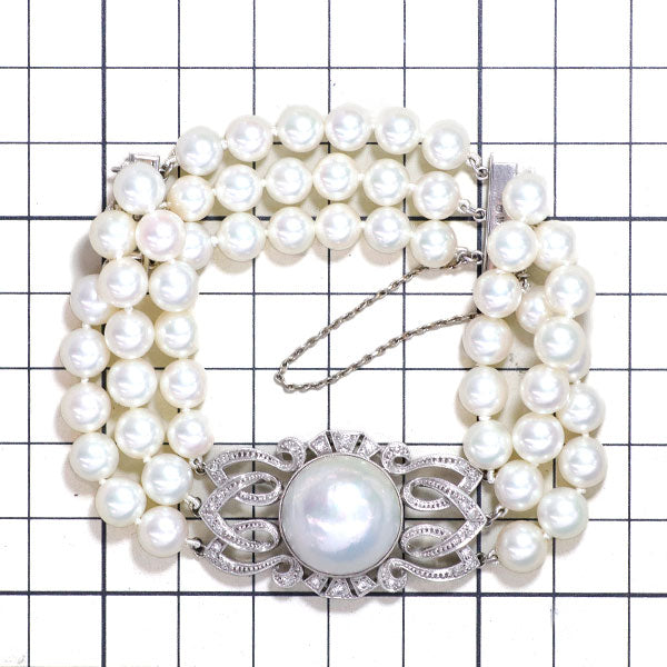 MIKIMOTO K14WG Akoya/Mabe Pearl Single Cut Diamond Bracelet, Vintage Product with Embossed Design 