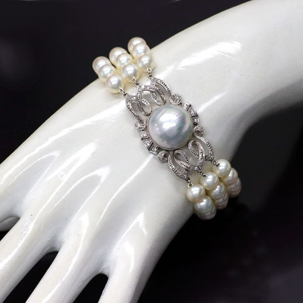 MIKIMOTO K14WG Akoya/Mabe Pearl Single Cut Diamond Bracelet, Vintage Product with Embossed Design 