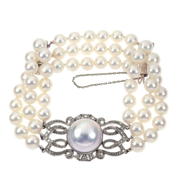 MIKIMOTO K14WG Akoya/Mabe Pearl Single Cut Diamond Bracelet, Vintage Product with Embossed Design 