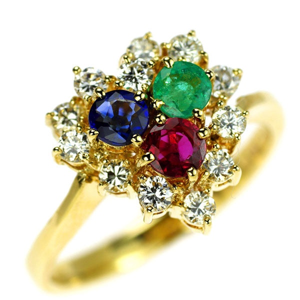 K18YG Ruby Sapphire Emerald Diamond Ring 0.71ct D0.51ct Four Major Gemstones 