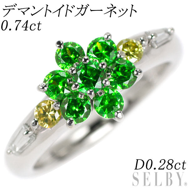 Rare Pt900 Demantoid Garnet Diamond Ring 0.74ct D0.28ct Flower 