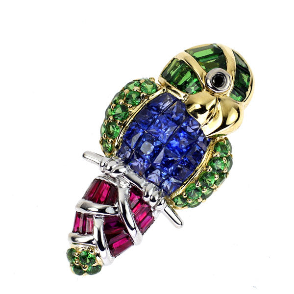 K18YG/WG Sapphire Green Garnet Ruby Black Diamond Pendant Top Bird Parakeet Animal 