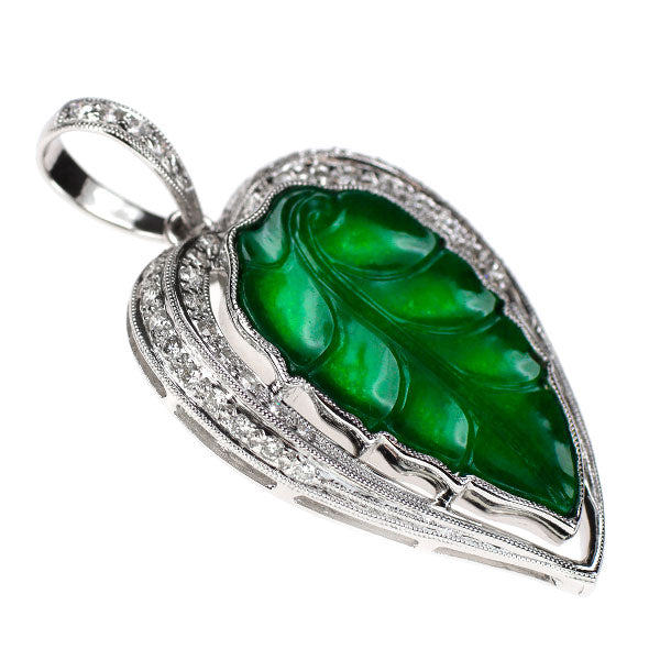 K18WG Carved Jade Diamond Pendant Top 2.683ct D0.50ct Leaf 