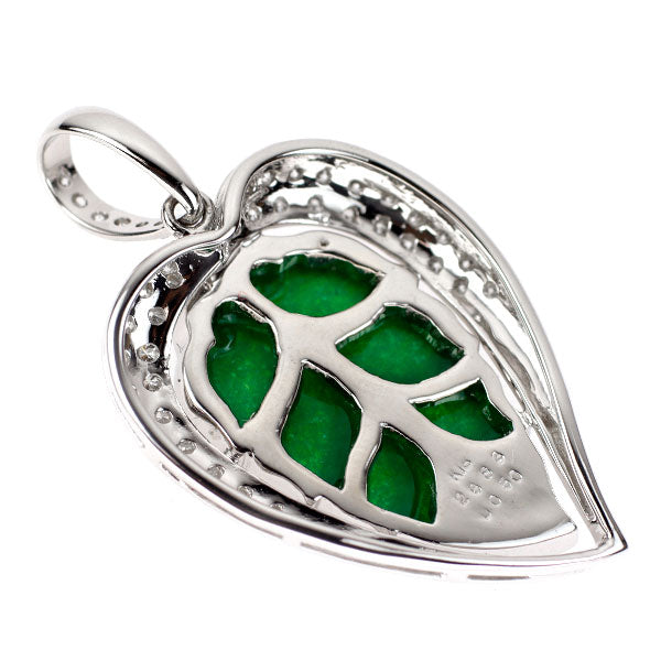 K18WG Carved Jade Diamond Pendant Top 2.683ct D0.50ct Leaf 