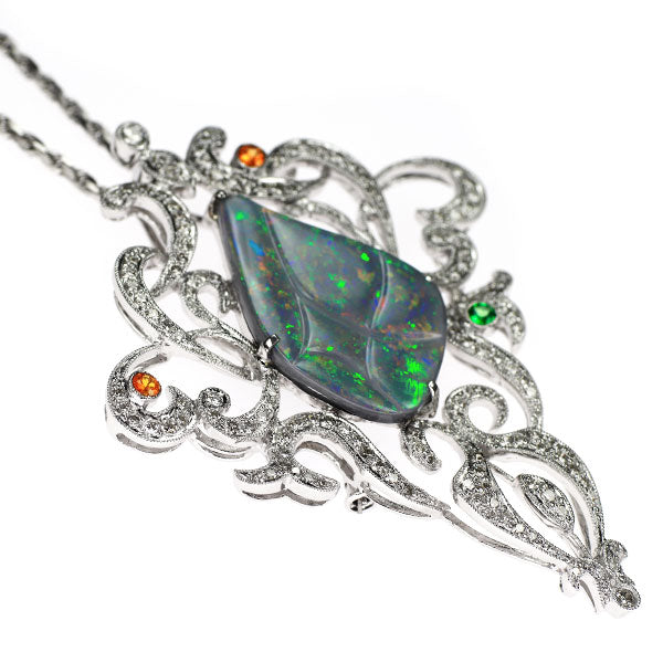 K18WG Black Opal Garnet Diamond Pendant Necklace and Brooch 9.64ct G0.30ct D1.75ct 