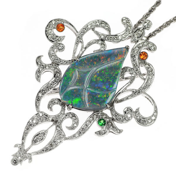 K18WG Black Opal Garnet Diamond Pendant Necklace and Brooch 9.64ct G0.30ct D1.75ct 