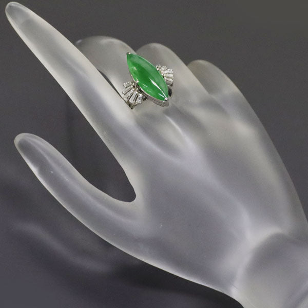 Pt850 Jade Diamond Ring 7.47ct D0.57ct Vintage Carved Senbon Openwork 