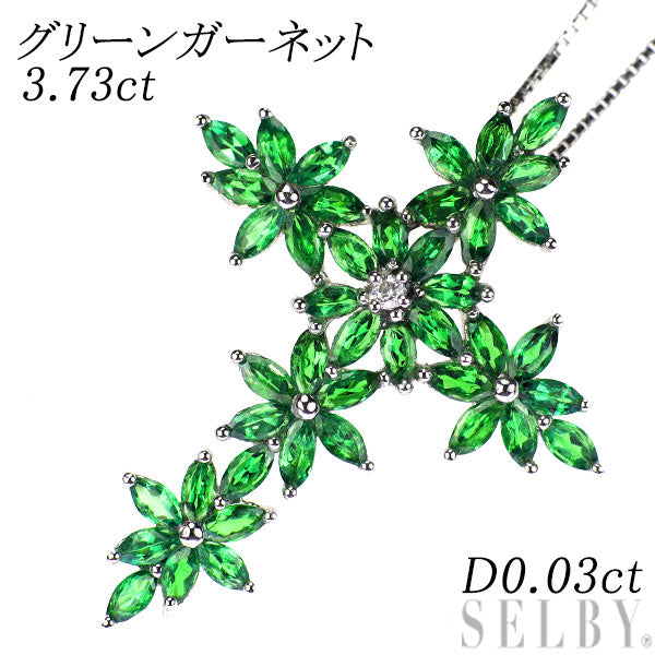 K18WG Green Garnet Diamond Pendant Necklace 3.73ct D0.03ct Cross Flower 