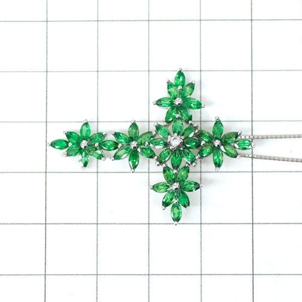 K18WG Green Garnet Diamond Pendant Necklace 3.73ct D0.03ct Cross Flower 