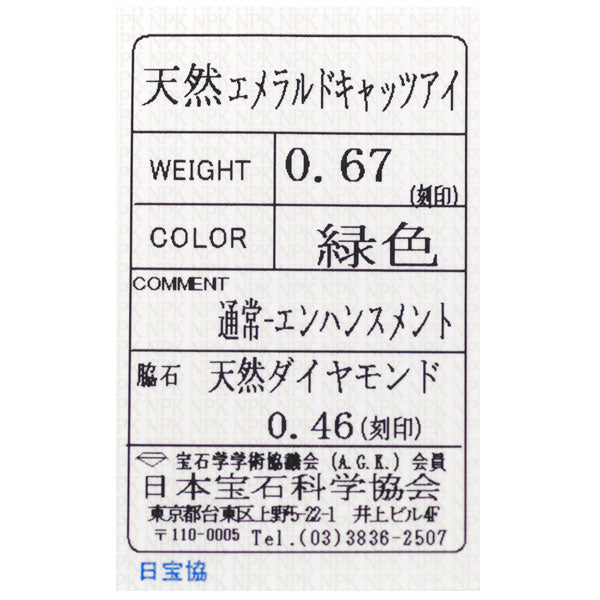 Pt900/ Pt850 エメラルド キャッツアイ ダイヤモンド ペンダントネックレス 0.67ct D0.46ct