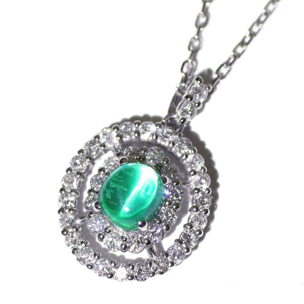 Pt900/ Pt850 Emerald Cat's Eye Diamond Pendant Necklace 0.67ct D0.46ct 