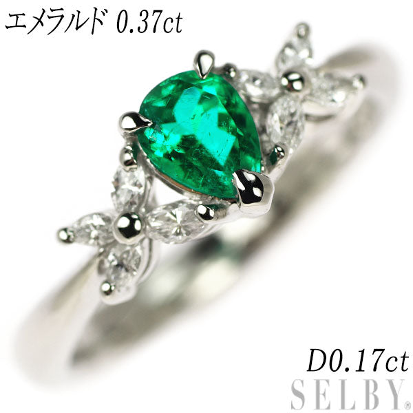 Pt900 Pear Shape Emerald Diamond Ring 0.37ct D0.17ct 