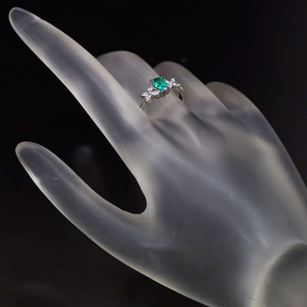 Pt900 Pear Shape Emerald Diamond Ring 0.37ct D0.17ct 