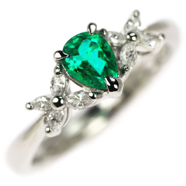 Pt900 Pear Shape Emerald Diamond Ring 0.37ct D0.17ct 