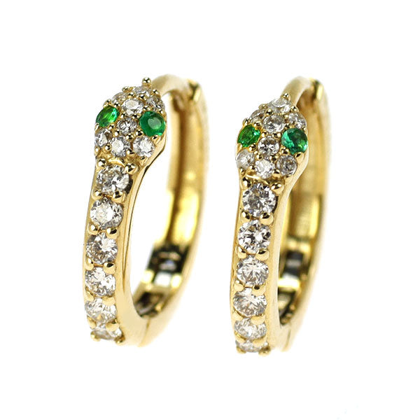 K18YG Emerald Diamond Earrings 0.02ct D0.20ct Snake Hoop 