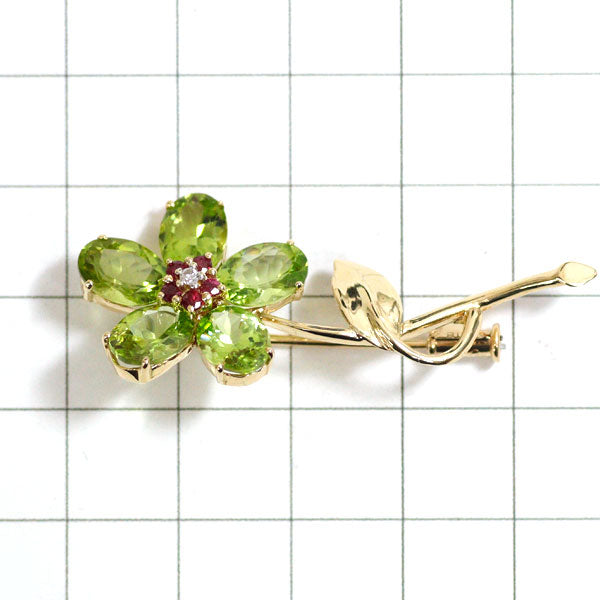 Ponte Vecchio K18YG Peridot Ruby Diamond Brooch D0.02ct Flower 