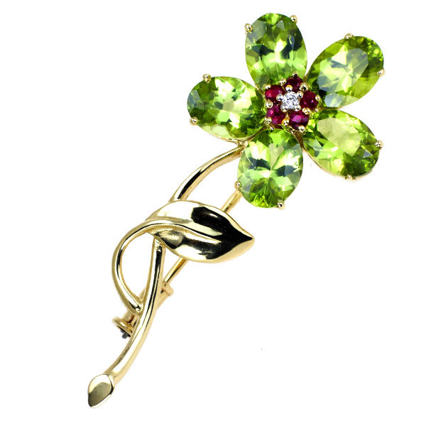 Ponte Vecchio K18YG Peridot Ruby Diamond Brooch D0.02ct Flower 