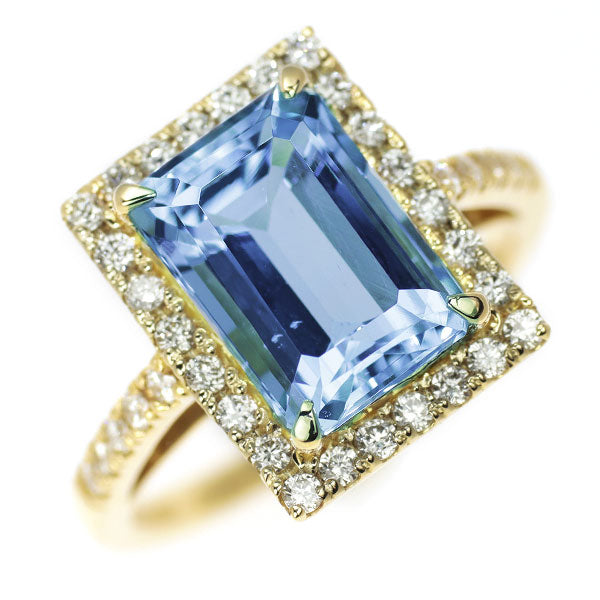 K18YG エメラルドカット アクアマリン ダイヤモンド リング 2.56ct D0.31ct