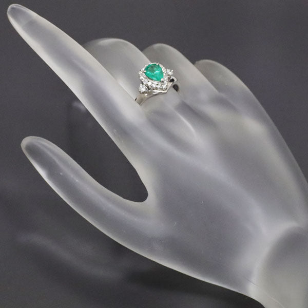 Pt900 Pear Shape Emerald Diamond Ring 0.87ct D0.45ct 