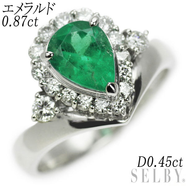 Pt900 Pear Shape Emerald Diamond Ring 0.87ct D0.45ct 