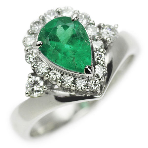 Pt900 Pear Shape Emerald Diamond Ring 0.87ct D0.45ct 