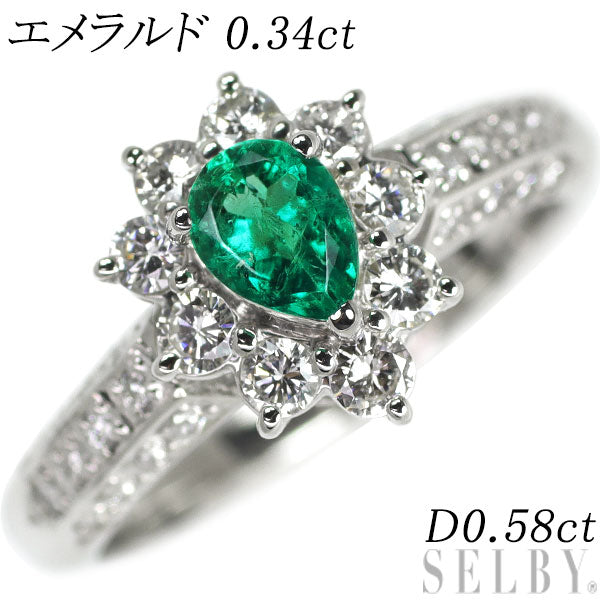 Pt900 Pear Shape Emerald Diamond Ring 0.34ct D0.58ct 