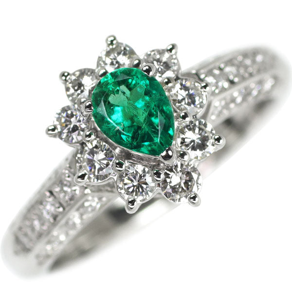 Pt900 Pear Shape Emerald Diamond Ring 0.34ct D0.58ct 