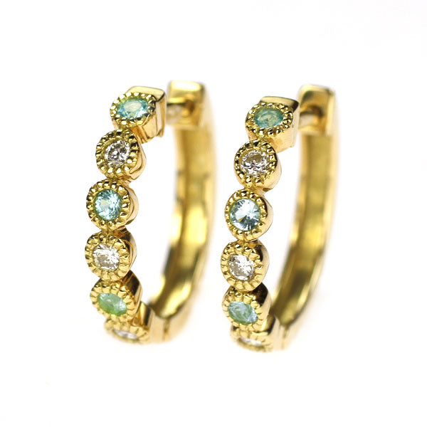 New K18YG Paraiba Tourmaline Diamond Earrings 0.06ct D0.08ct Hoop 