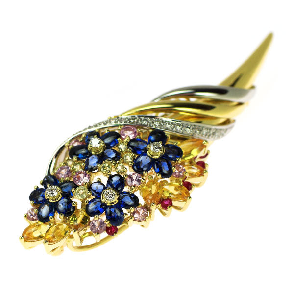 K18YG/Pt900 Color Sapphire Diamond Brooch and Pendant 7.35ct D0.31ct Flower 