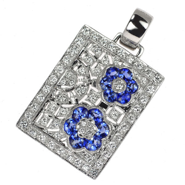 K18WG Calibré Cut Sapphire Diamond Pendant Top 1.96ct D0.90ct Flower Vintage Jewelry 