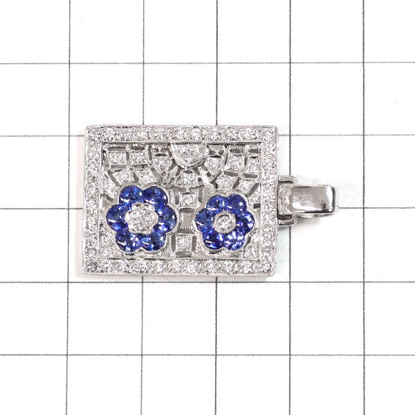 K18WG カリブレカットサファイア ダイヤモンド ペンダントトップ 1.96ct D0.90ct フラワー ヴィンテージジュエリー