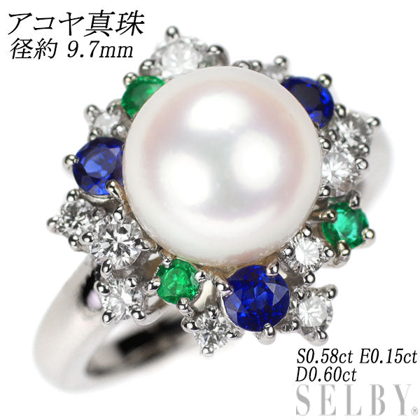 Pt900 Akoya pearl, sapphire, emerald, diamond ring, diameter approx. 9.7mm, S0.58ct, E0.15ct, D0.60ct 