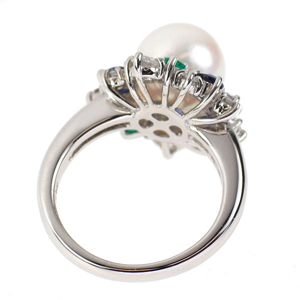 Pt900 Akoya pearl, sapphire, emerald, diamond ring, diameter approx. 9.7mm, S0.58ct, E0.15ct, D0.60ct 