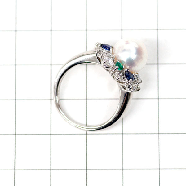 Pt900 Akoya pearl, sapphire, emerald, diamond ring, diameter approx. 9.7mm, S0.58ct, E0.15ct, D0.60ct 