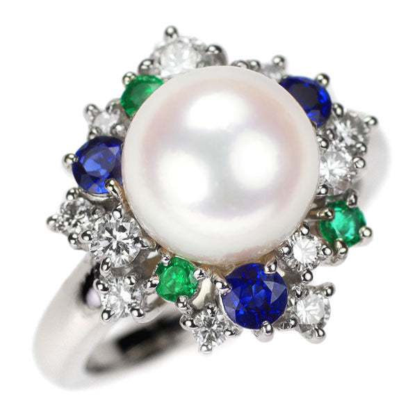 Pt900 Akoya pearl, sapphire, emerald, diamond ring, diameter approx. 9.7mm, S0.58ct, E0.15ct, D0.60ct 