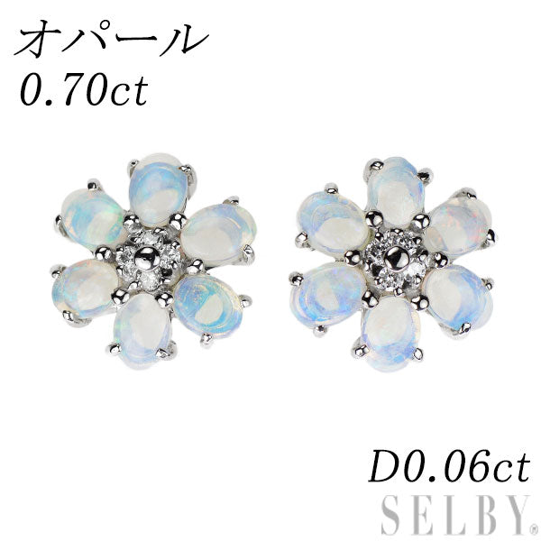 K18WG/ Pt850 オパール ダイヤモンド ピアス 0.70ct D0.06ct