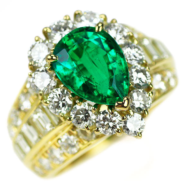 K18YG Pear Shape Emerald Diamond Ring 1.780ct D3.06ct 