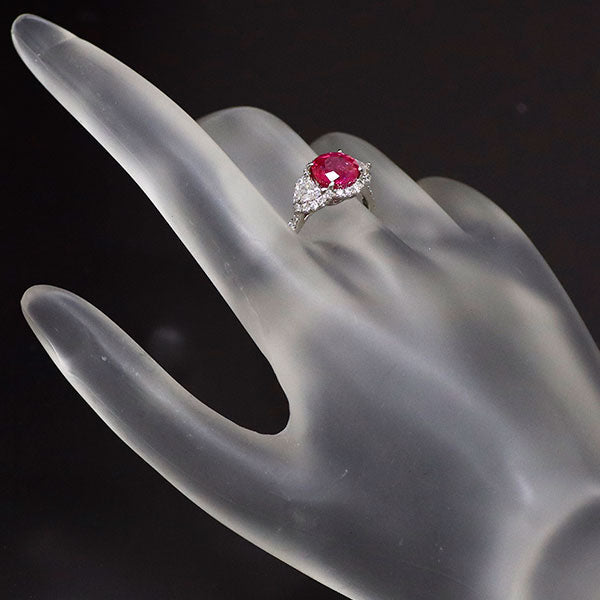 Pt950 Burmese unheated ruby ​​and diamond ring 2.21ct D0.371ct D0.43ct 