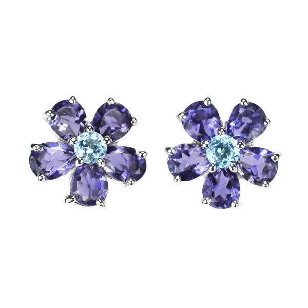 Ponte Vecchio K18WG Iolite Blue Topaz Flower Earrings 