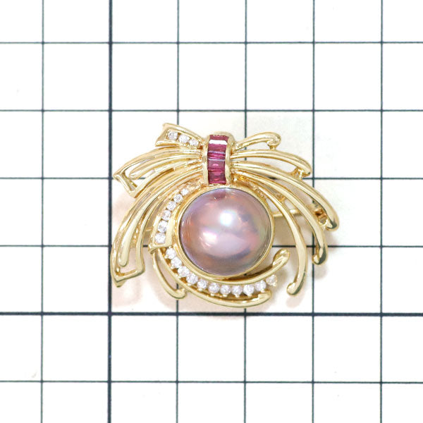 K18YG Mabe Pearl Ruby Diamond Brooch/Pendant Diameter approx. 12.8mm R0.39ct D0.35ct 