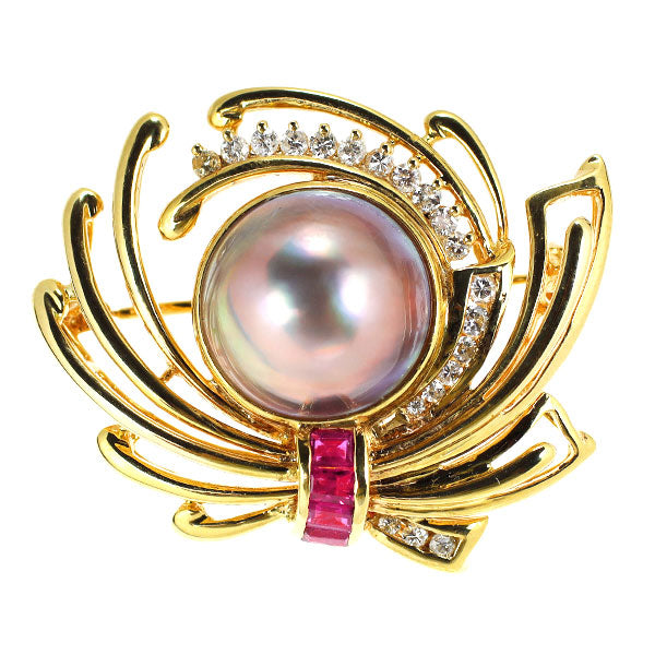 K18YG Mabe Pearl Ruby Diamond Brooch/Pendant Diameter approx. 12.8mm R0.39ct D0.35ct 