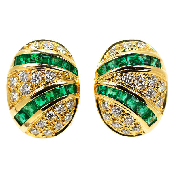 K18YG Calibré Cut Emerald Diamond Earrings 1.17ct D0.62ct Pavé